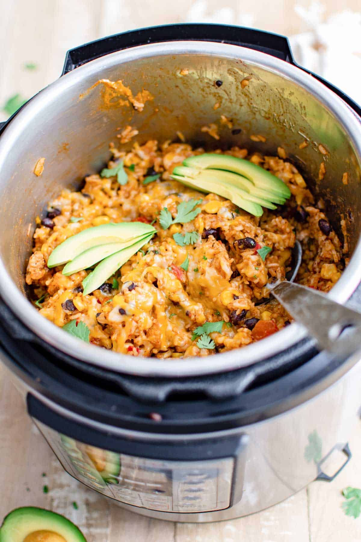 close up view of the competed instant pot enchilada rice recipe