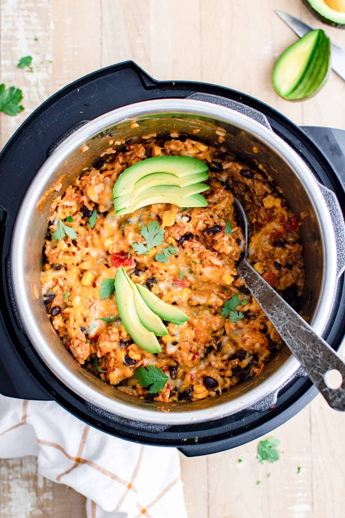 top down view of the completed instant pot enchilada rice inside the instant pot