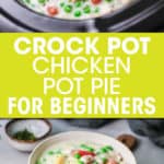 2 pictures of chicken pot pie in a crock pot and in a bowl