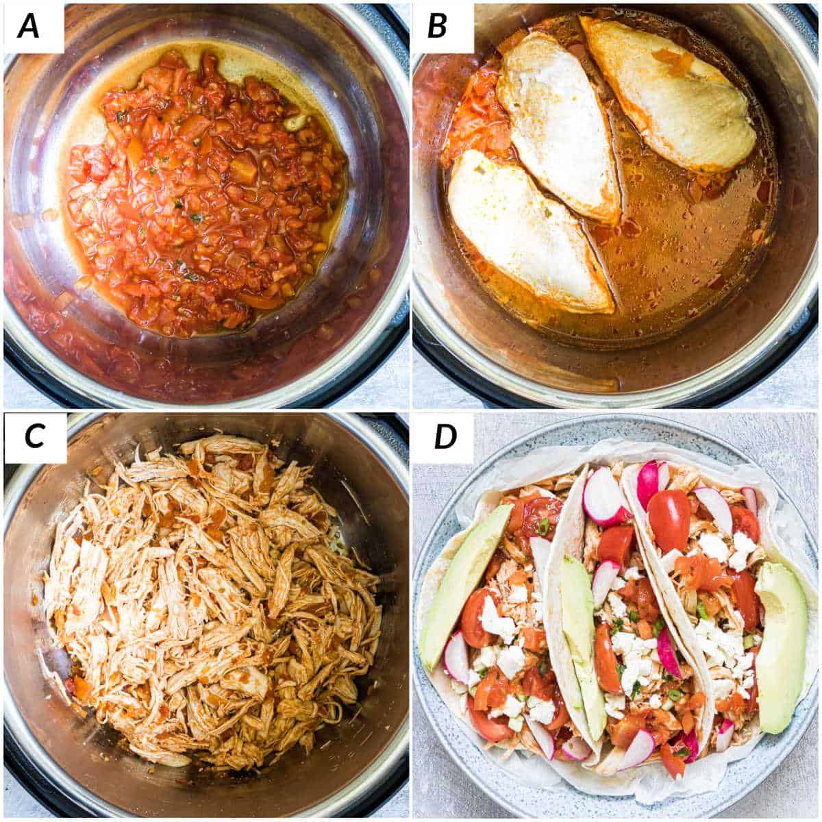 image collage showing the steps for making instant pot shredded chicken tacos
