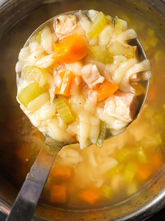 close up view of a ladle removing a potion of the instant pot lemon chicken orzo soup