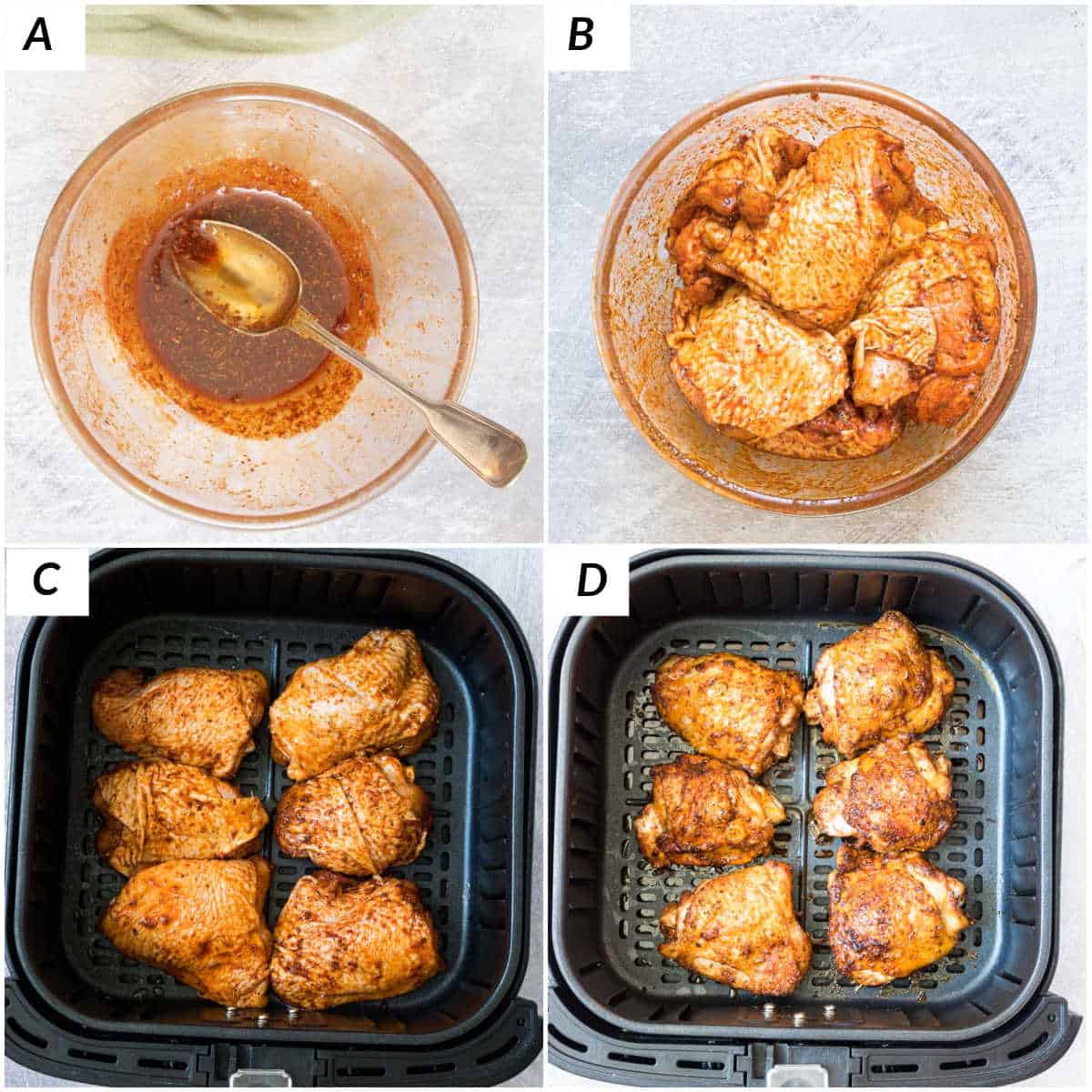 image collage showing the steps for making air fryer chicken thighs
