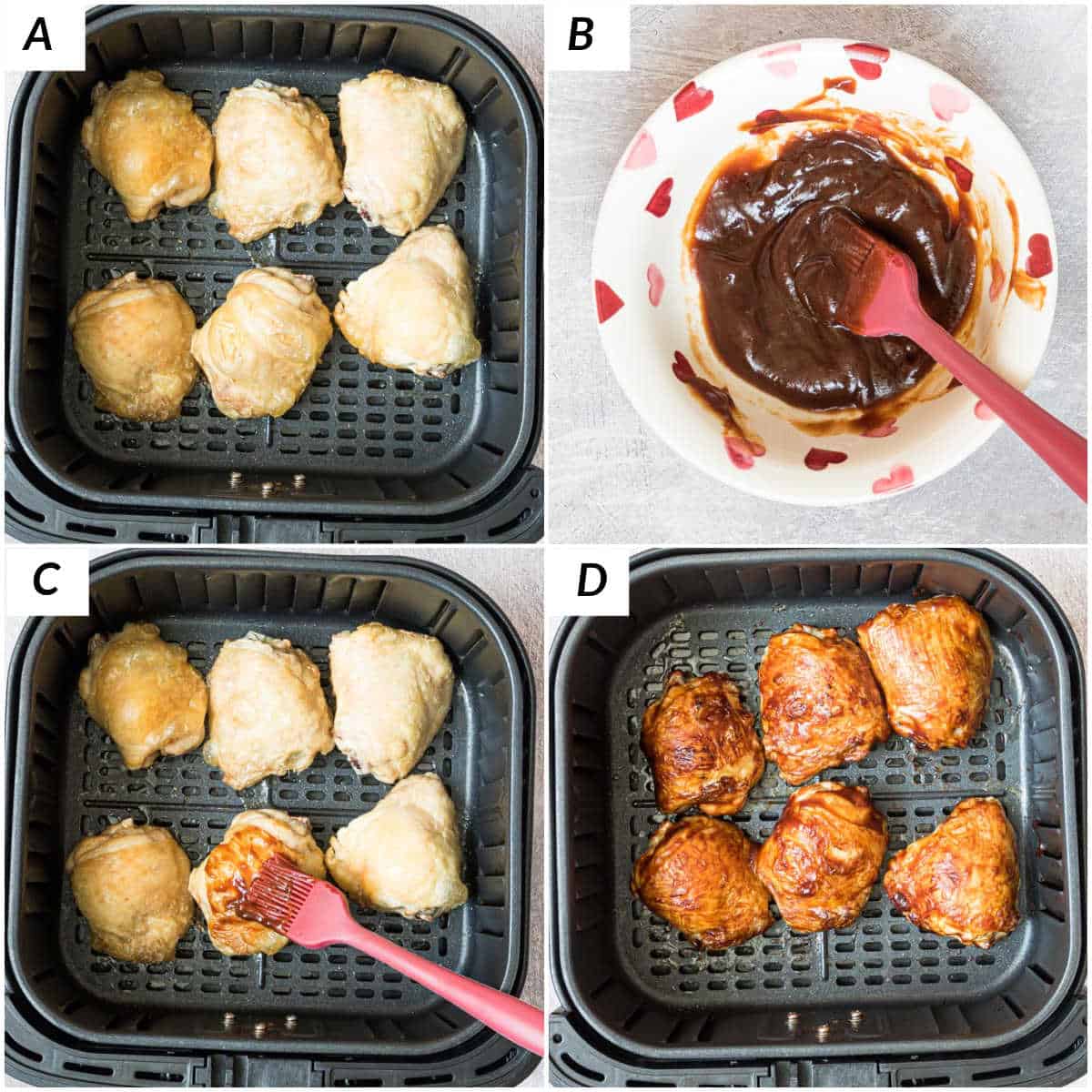 image collage showing the steps for making frozen chicken thighs in air fryer