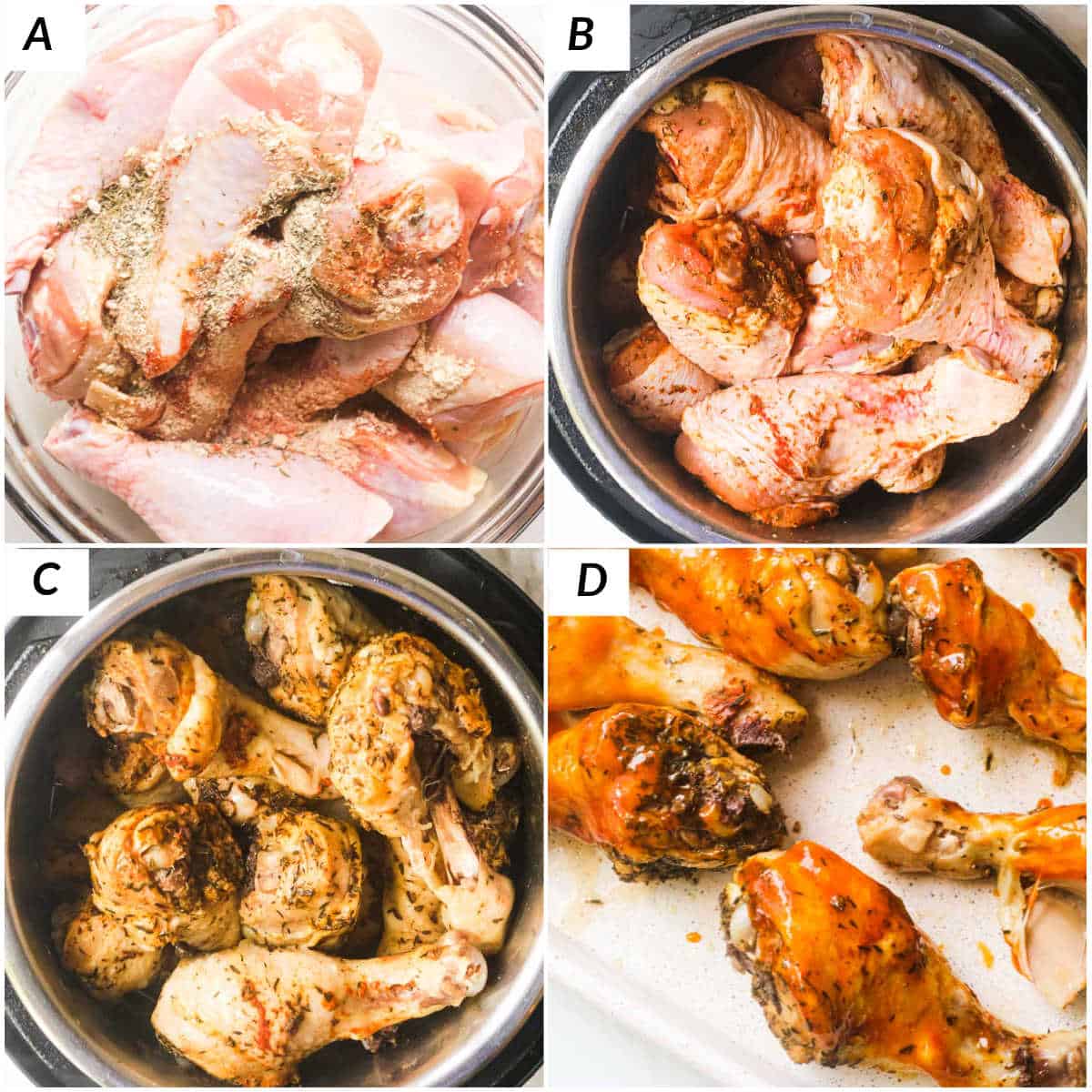 image collage showing the steps for making instant pot chicken drumsticks