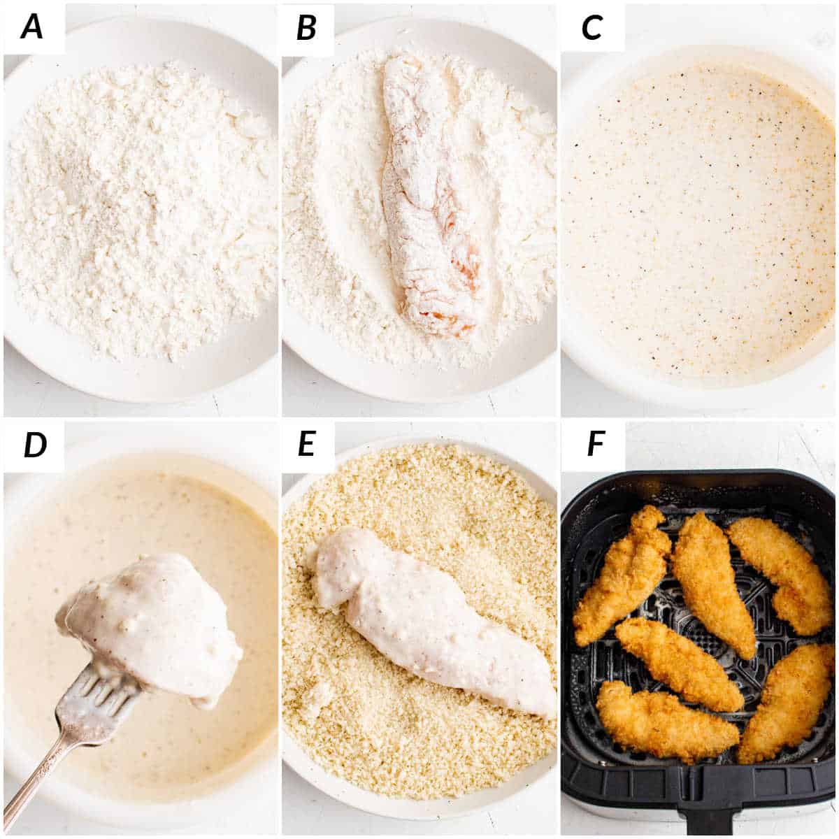 image collage showing some of the steps for making air fryer chicken tenders