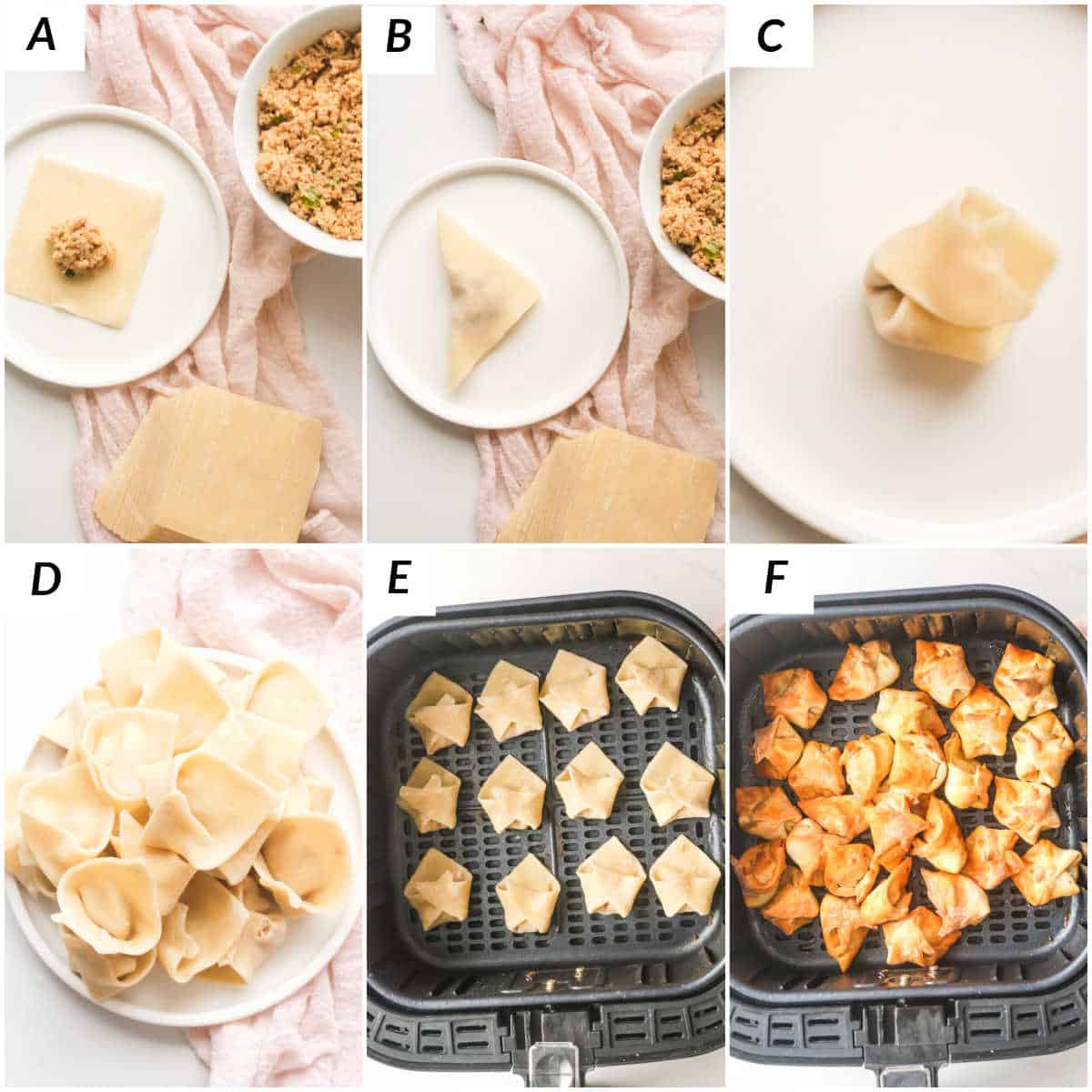 image collage showing the steps for making air fryer wontons