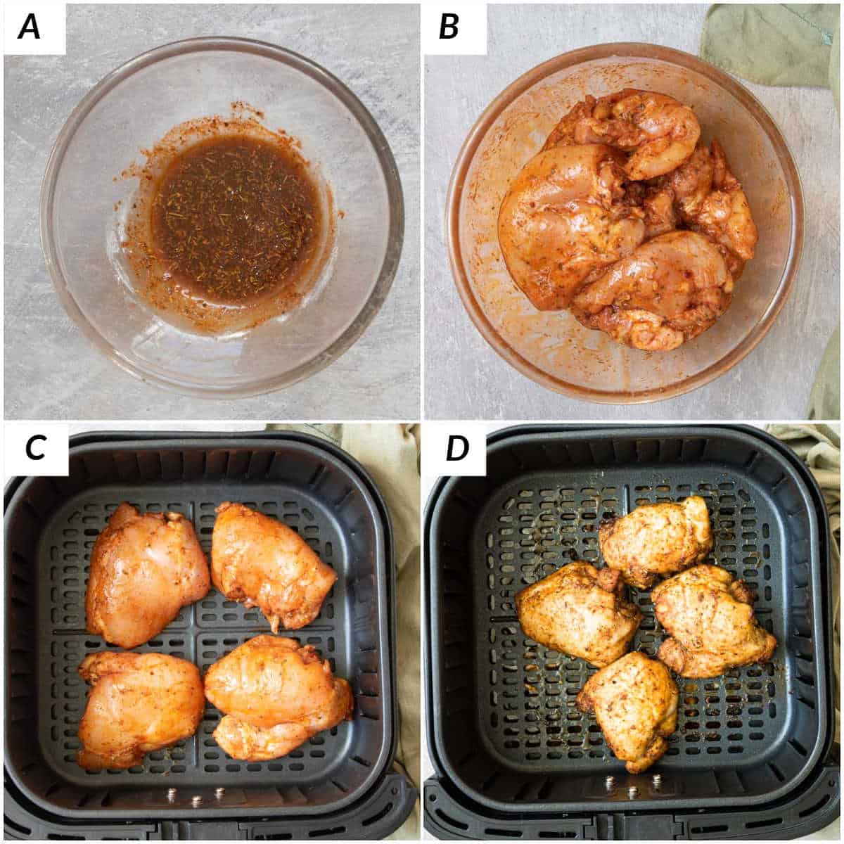 image collage showing the steps or making air fryer boneless chicken thighs