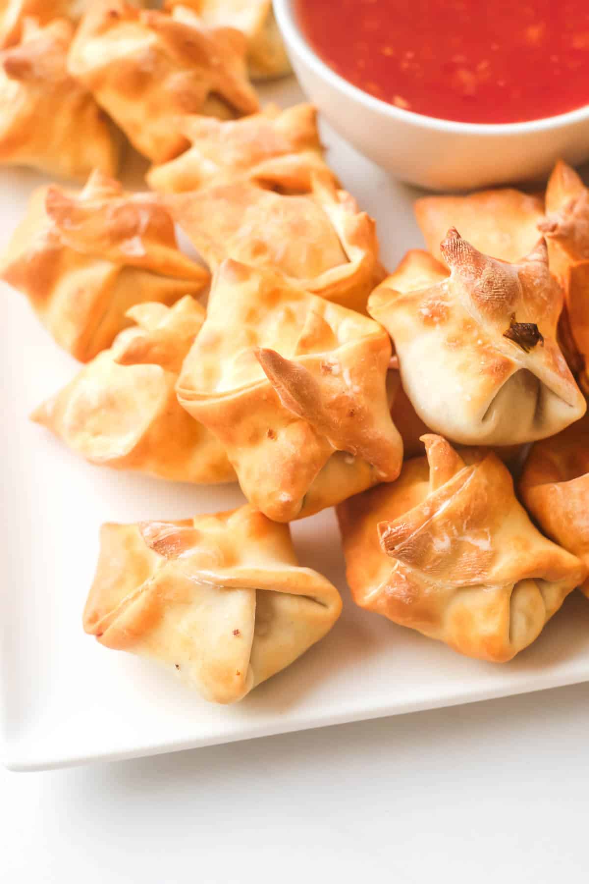 close up view of the finished air fryer wontons