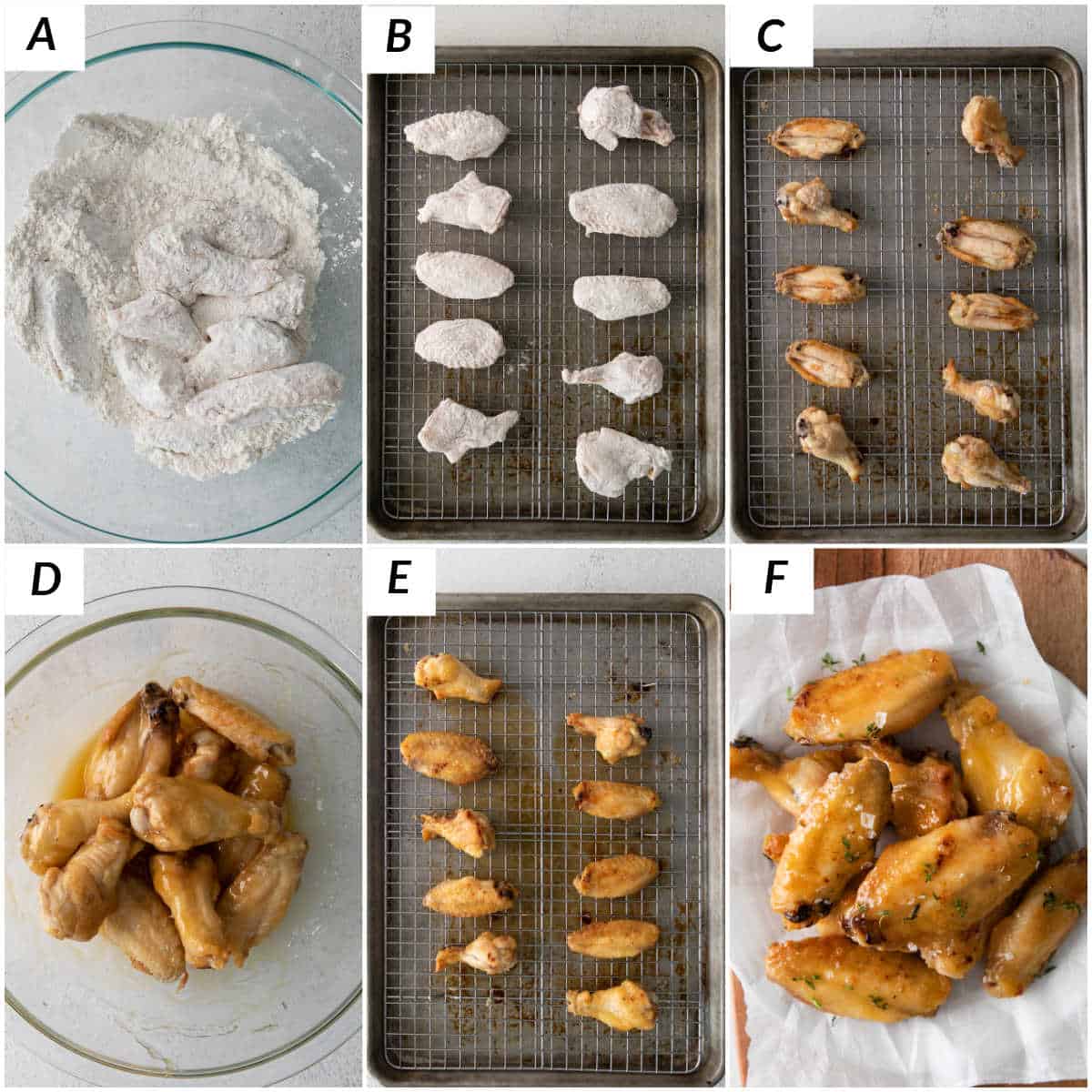 image collage showing the steps for making honey hot wings