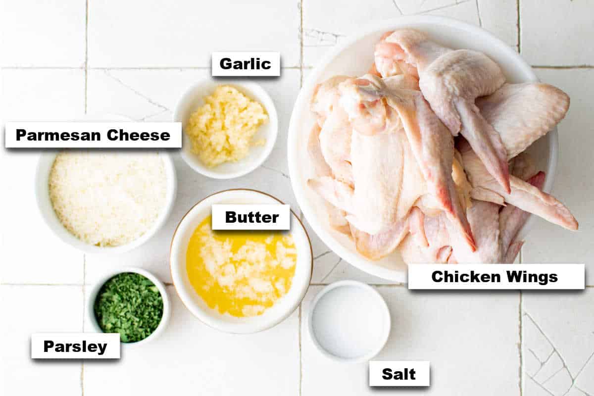 the ingredients needed to make garlic parmesan wings