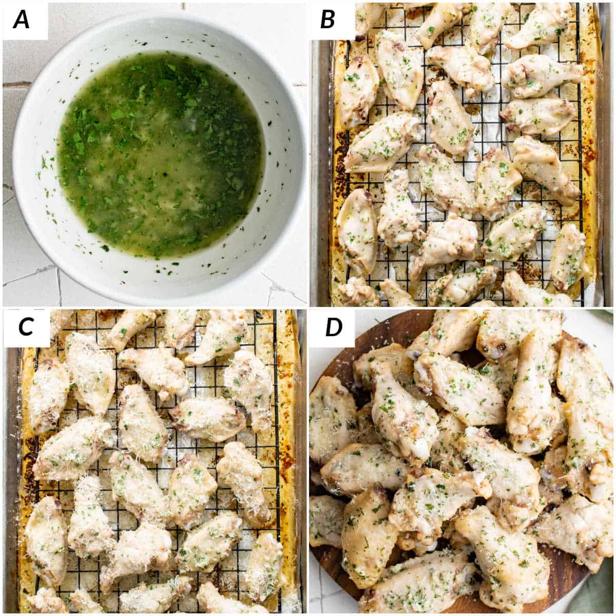 image collage showing some of the steps for making garlic parmesan wings