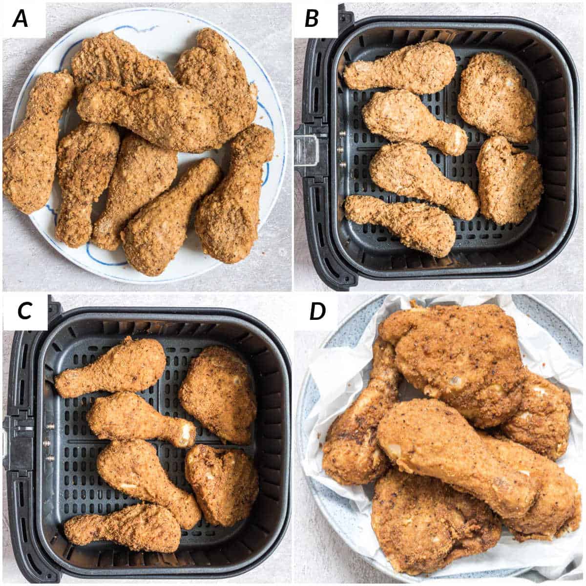 image collage showing the steps for how to reheat fried chicken in air fryer