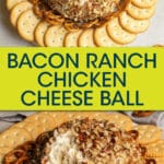 two images of a cheese ball surrounded by crackers.