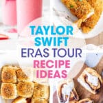 A collage of images of dishes to serve at a Taylor Swift themed party