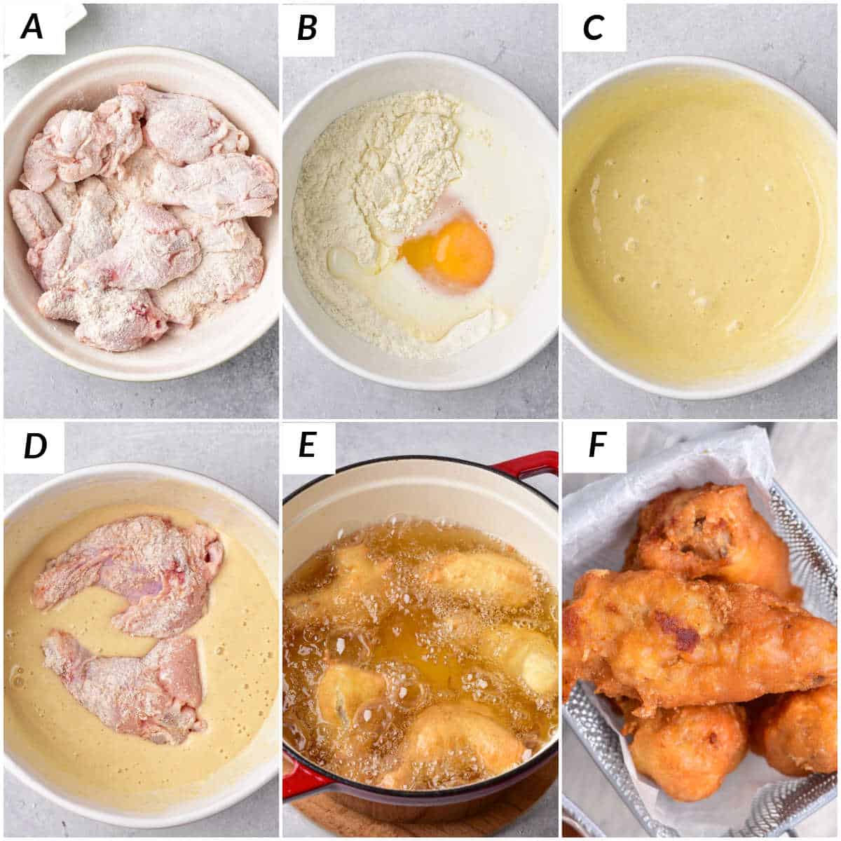 image collage showing the steps for making deep fried chicken wings