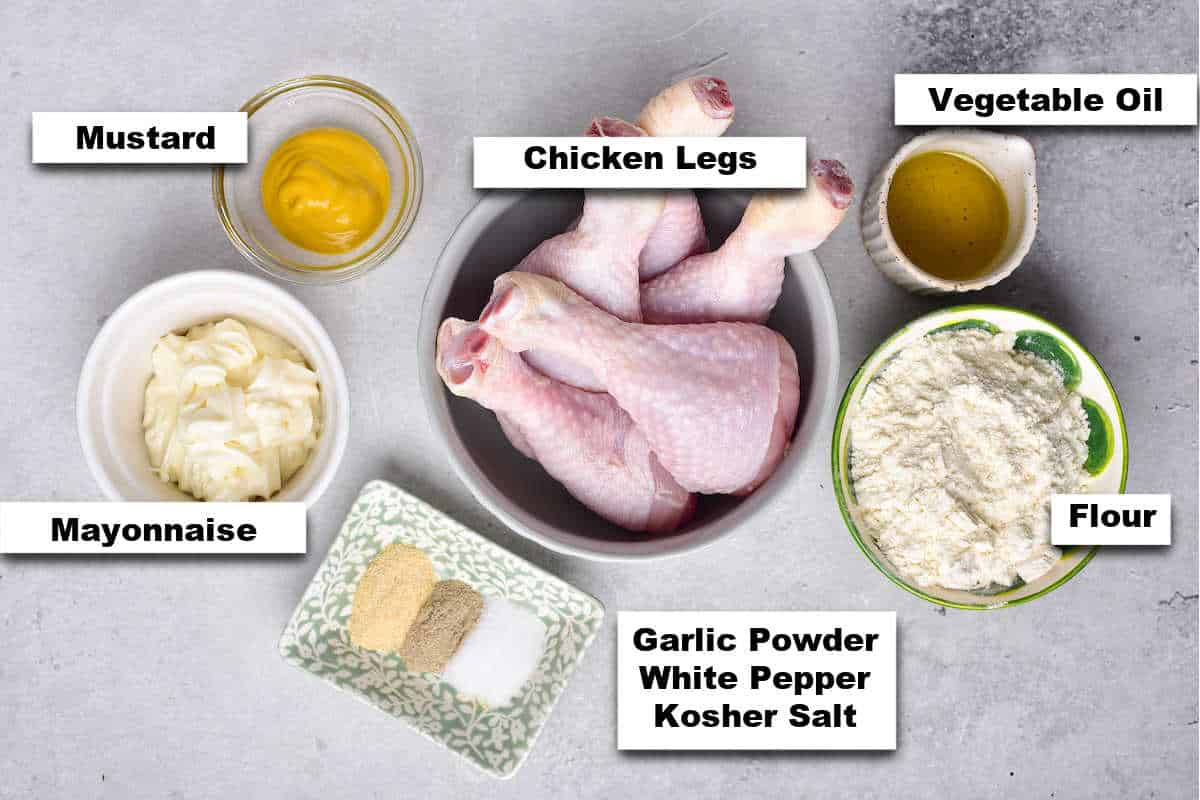 the ingredients needed for making fried chicken legs