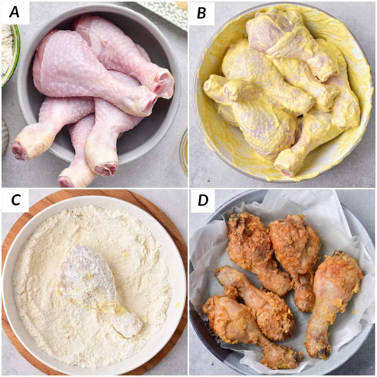 image collage showing the steps for making fried chicken legs