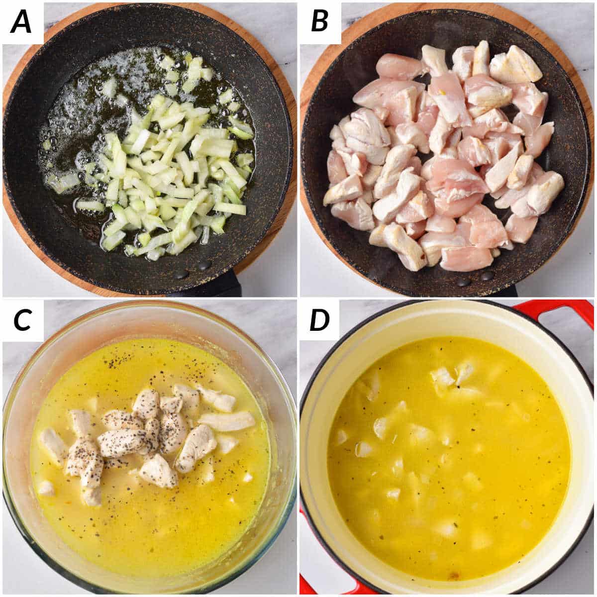 image collage showing the first part of the process for making chicken casserole