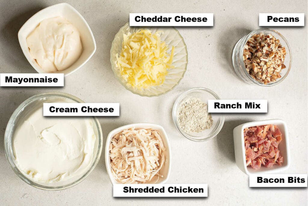 the ingredients needed to make this ranch chicken cheese ball recipe