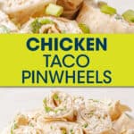 two images of chicken pinwheels, one close up and one of pinwheels in a serving dish.
