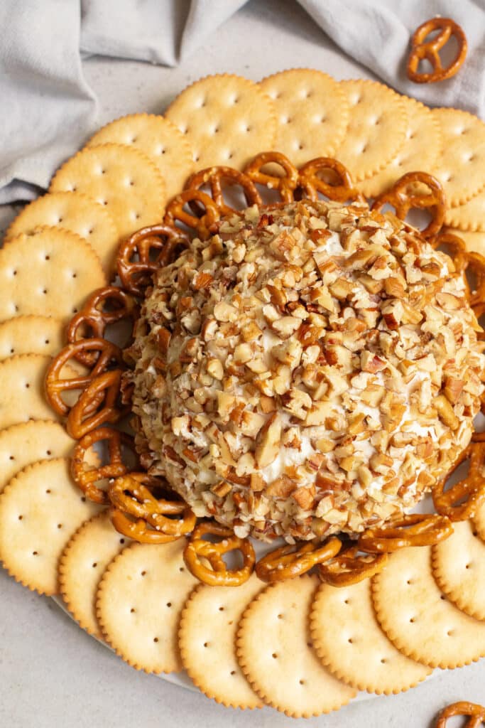 the finished chicken and ranch cheese ball appetizer on a serving plate