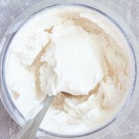 a spoon inside the Ninja Creami Coconut Ice Cream.