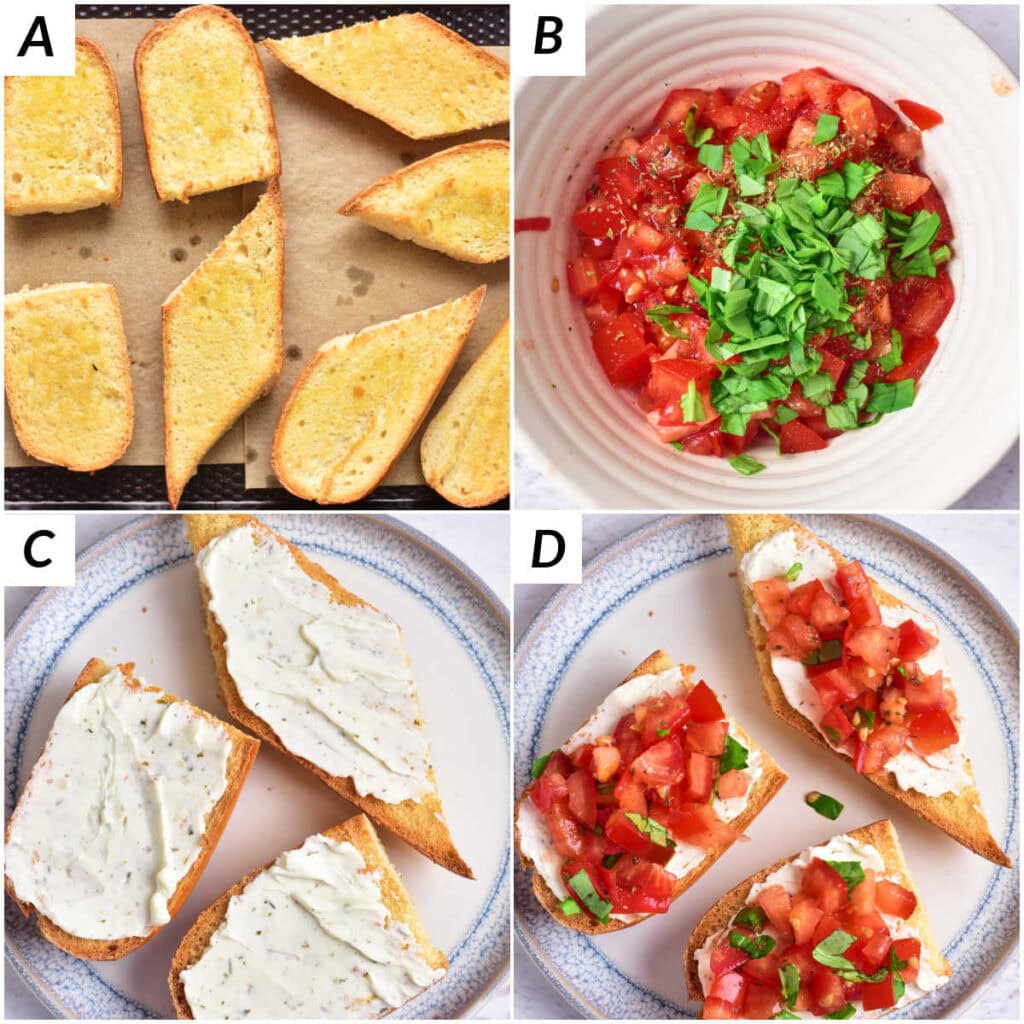 image collage showing the steps for making this bruschetta appetizer recipe.