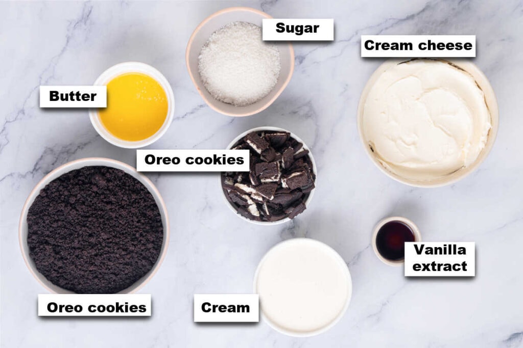 Ingredients for no bake cheesecake bars with Oreos.