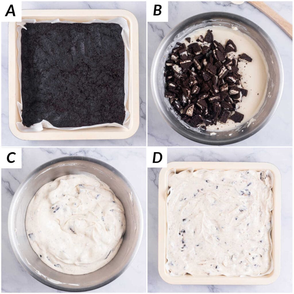 Image collage showing the steps for making no bake oreo cheesecake bars.